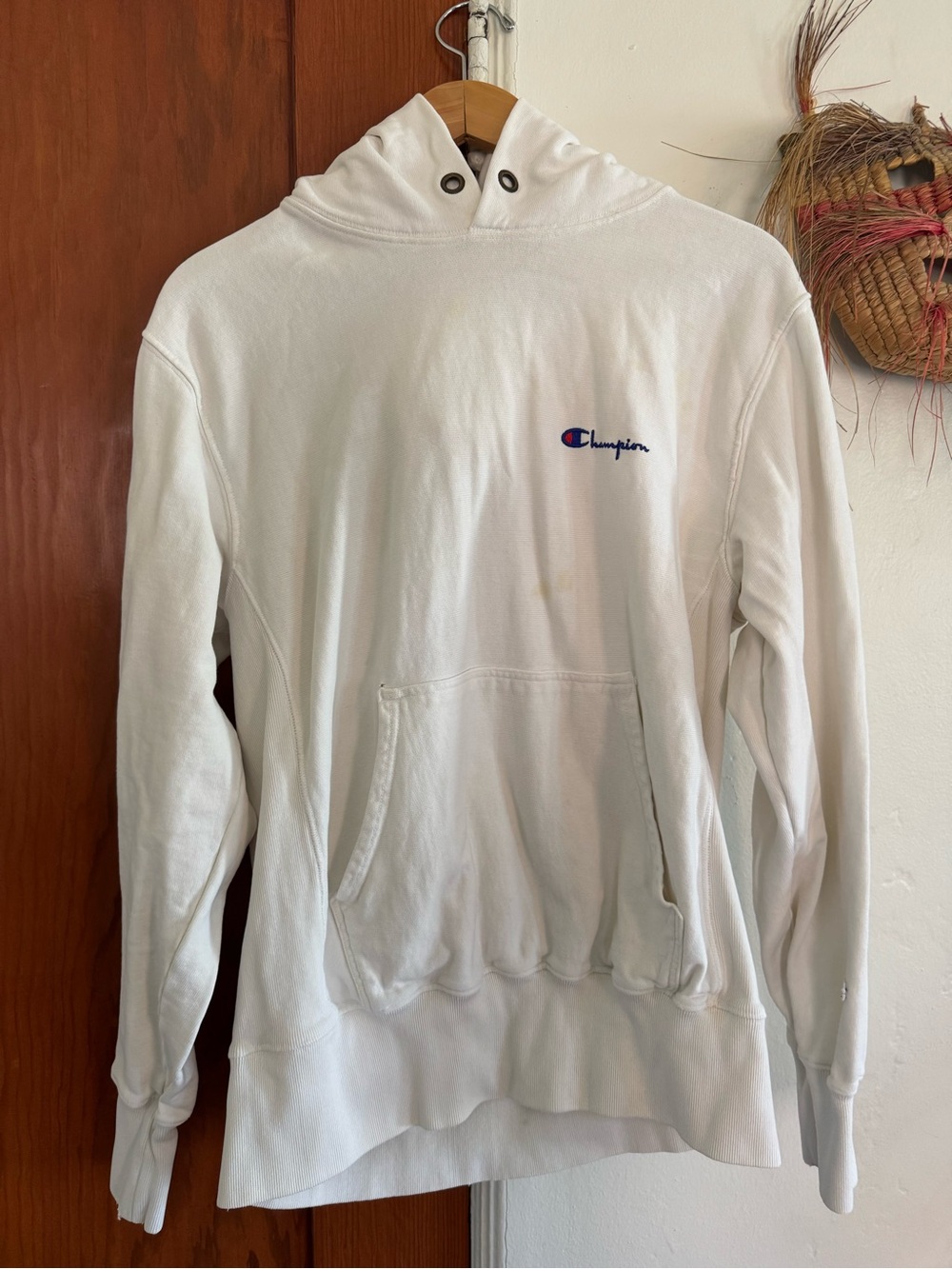Champion White Crewneck Hoodie with Small Chest Logo